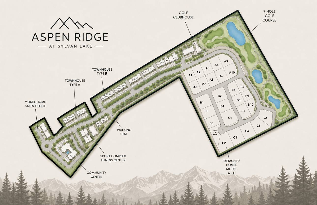 Aspen Ridge master site plan showing townhouses, detached homes, golf course and community amenities